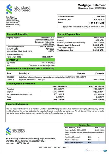 Download Nepal Standard Chartered Bank mortgage statement Word and PDF template Photoshop template